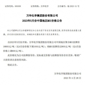 万华化学宣布5月份中国地区纯MDI挂牌价上涨800元！
